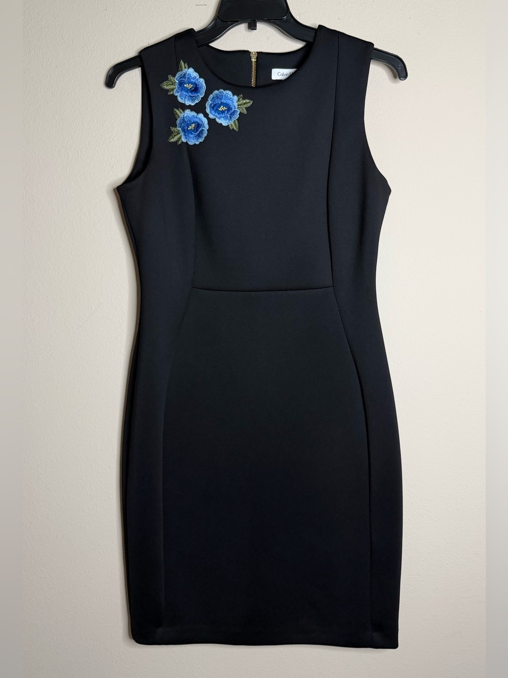 Calvin Klein Sleeveless Black Blue Floral Scuba Sheath Dress Size 12